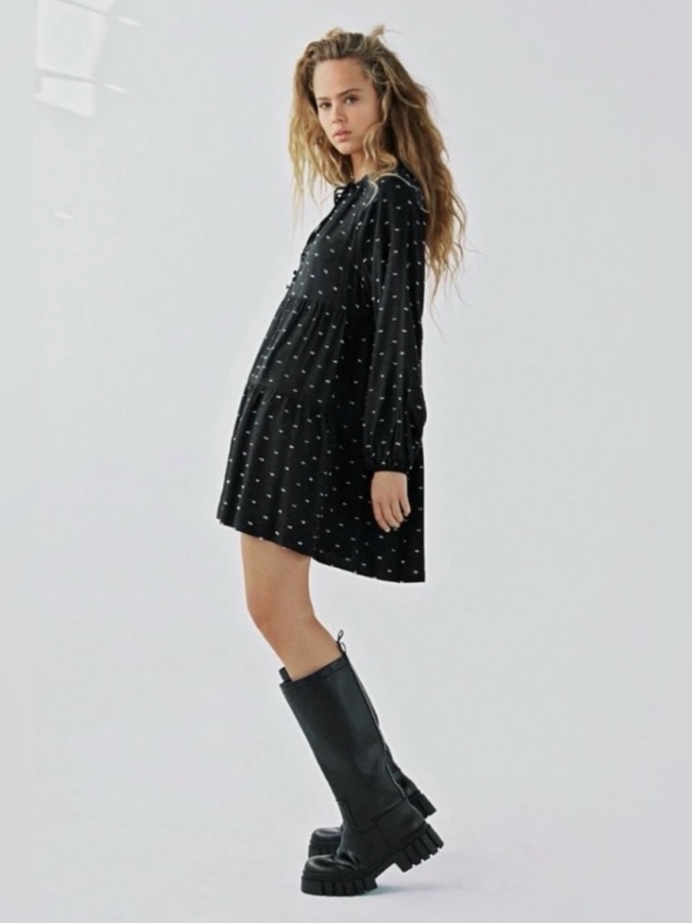 NWT ZARA Dotted Black Long Sleeve Mesh Mini Dress - Small